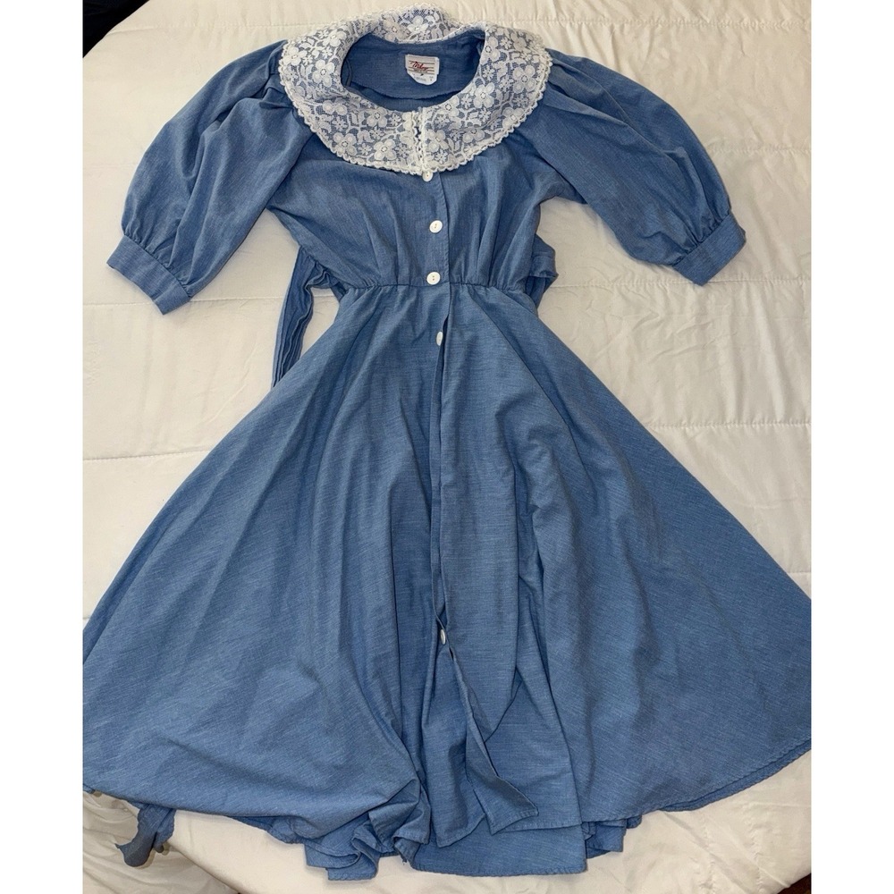 Vintage Milanzo Blue Button Down Dress White Lace Collar Prairie Cottagecore Sz9